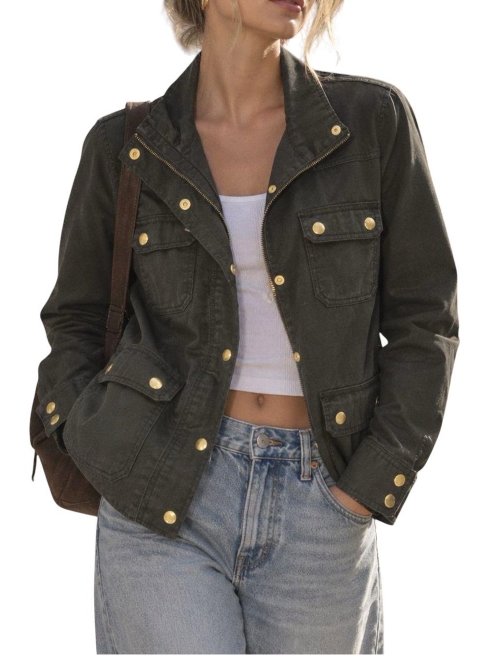 💚J.Crew Women’s Olive Green Gold Utility Cargo Fall Mid Length Jacket S